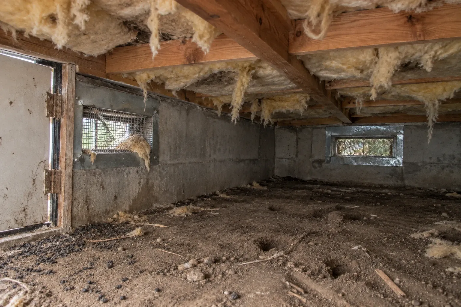 Before: The crawl space shows heavy rodent activity with visible droppings, torn insulation, and damaged vent screens allowing entry.