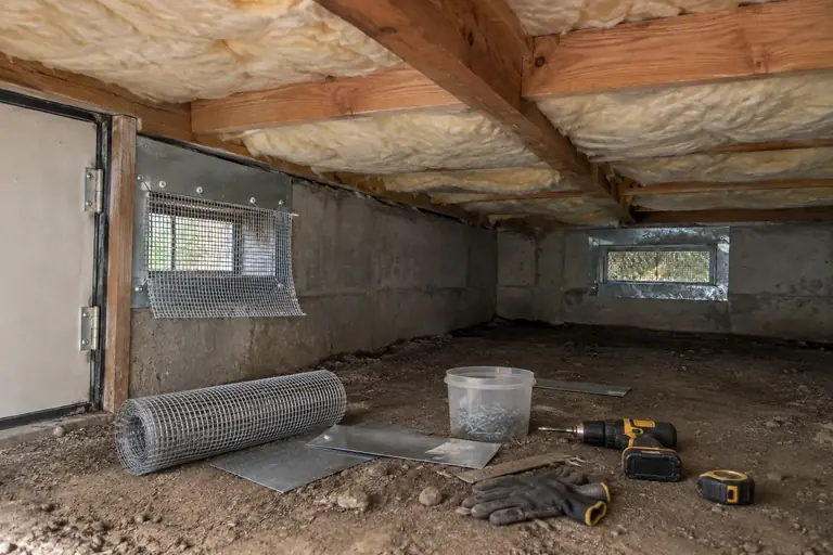 Rodent proofing a two-story home's crawl space, in progress: Exclusion work is in progress, repairing vent openings by installing heavy-gauge steel mesh and sealing all possible rodent entry points.