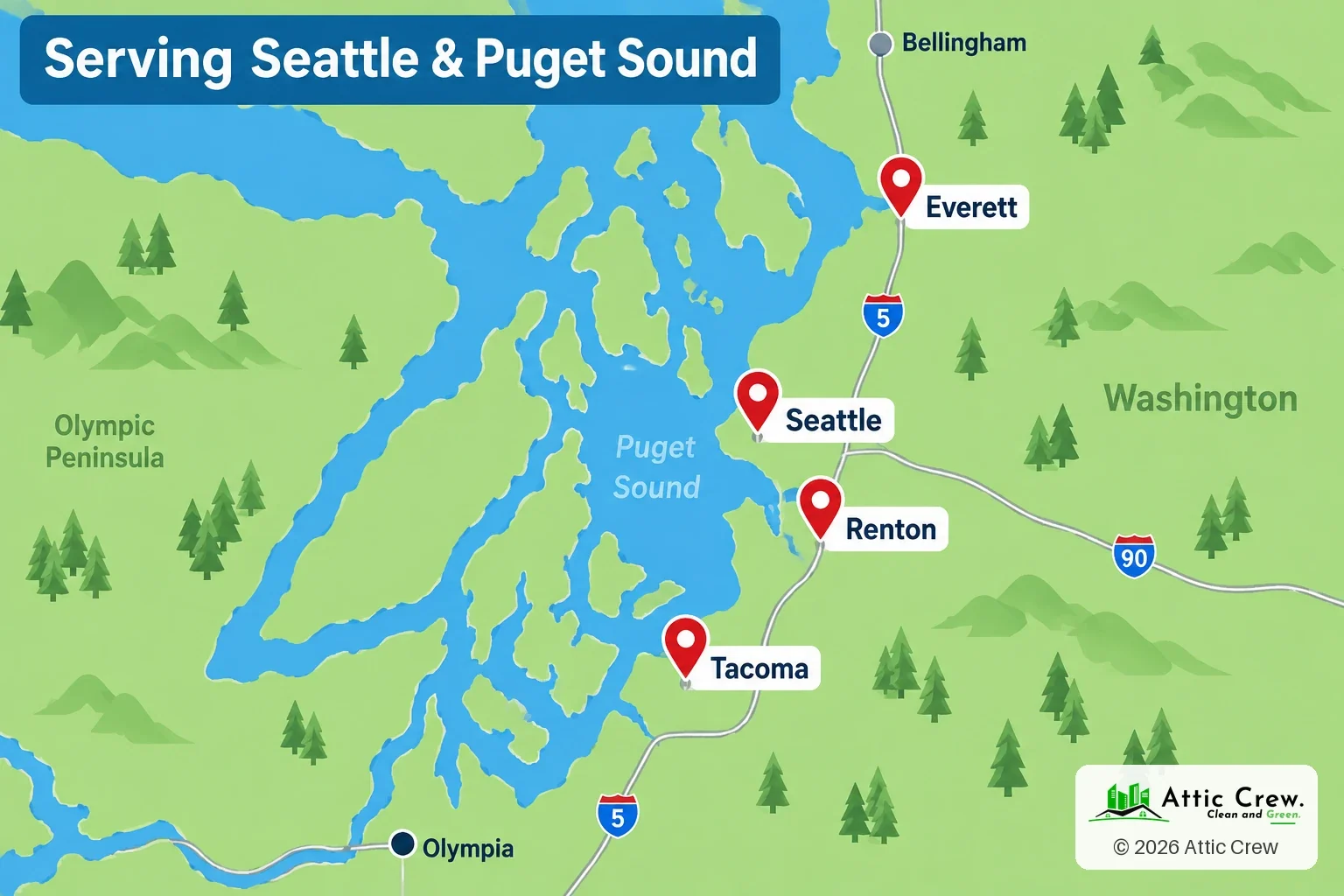Map of the Puget Sound region showing Attic Crew offices in Everett, Seattle, Renton and Tacoma, from Olympia to Bellingham